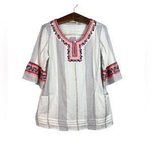 Soft Surroundings Striped Floral Embroidered Tunic Blouse Size M Boho Artsy